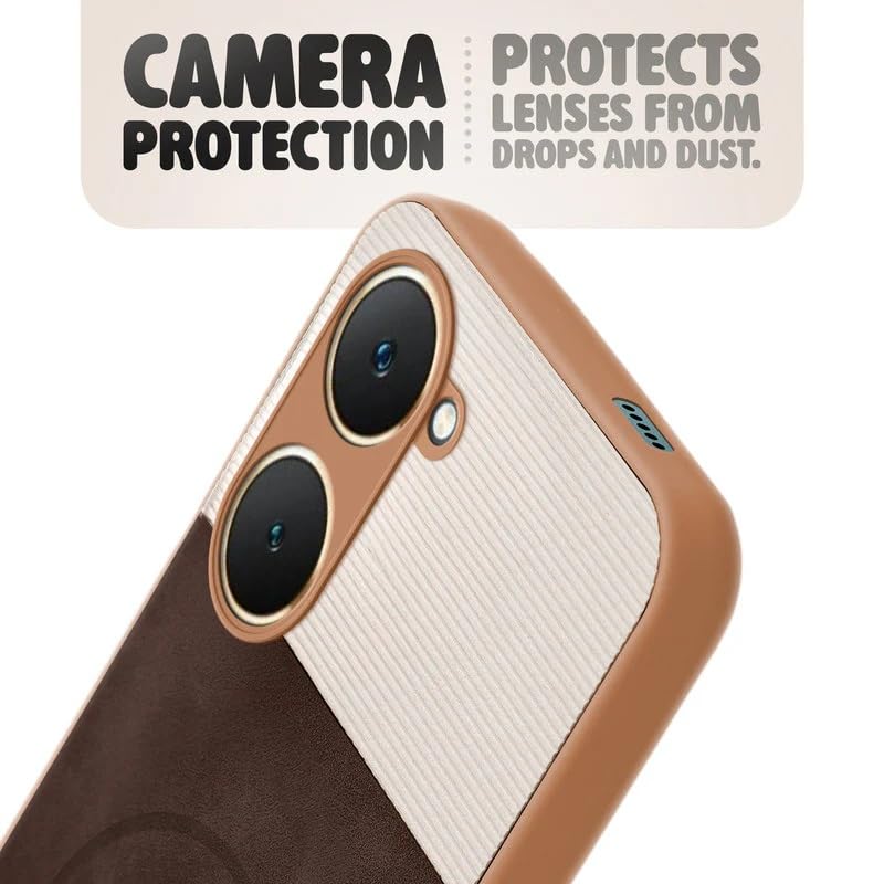 Image of Bintage case Macc-Safe Design Hard Light Weight Back Case | Soft Border Camera Protect | Dual PU Leather Finish Back Cover Compatible for Vivo Y28e 5G / Vivo Y18t - White & Cherry Brown