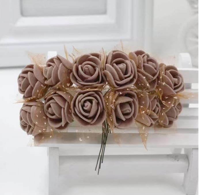 Rikyo 144pcs Mini Artificial Rose Flower Heads and Soft Stem,25mm PE Tiny Rose add Gauze for DIY Wedding Make Bridal Hair Clips,Cake Top,Wrist Corsage Boutonniere,Wreath Bracelet Flower (Brown) - Image 2