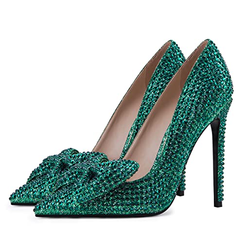 FSJ Women Fashion Pointed Toe Glitter Rhinestone High Heel Wedding Pump Sexy Slip On Stiletto Party Sparkly Prom Dress Shoe with Cute Bowknot Size 4-15 US