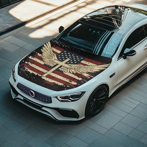 Image of Car Hood Cover Protector Waterproof Stretchable Car Hood Wrap Blanket Auto Patriotic Decorations for Compact Sedans SUV Trucks Pickup (American Flag Cross Wings Design)