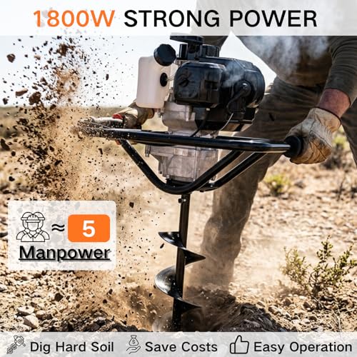 Image of DC HOUSE 52cc 1800W Gas Powered Earth Auger EPA Certified Post Hole Digger, with 2 Drill Bits 6 inch 10 inch, Mixing Ratio 30:1, for Fence, Farmland and Garden
