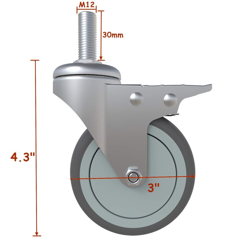 Caster Wheels, 3 Inch Rubber Casters, Set of 4, M12x 13/16" Threaded Stem Mount Industrial