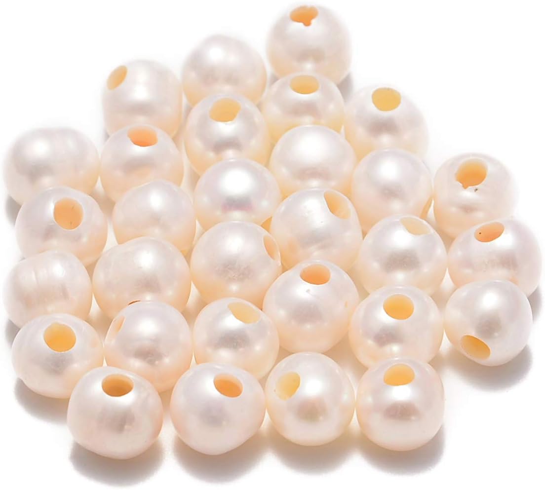 AD Beads Natural Gemstone 10mm Round Loose Beads Big Hole 2mm Sized 30pcs (White Pearl)