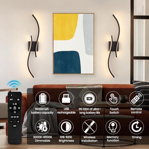 Image of Battery Operated Wall Sconces Set of 2, Dimmable Rechargeable Battery Wall Light with Remote Control, 3000K-6500K LED Black Wireless Wall Sconce for Living Room Bedroom Hallway, 31.5inch (Black)