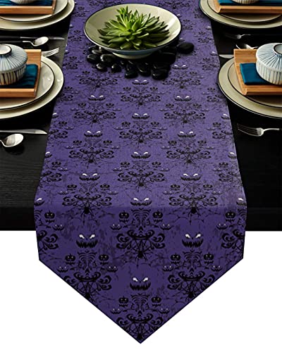 Halloween Black Spider Web Bat Table Runner-Cotton Linen-Small 13 x 36 inches Dresser Scarves,Purple Tablerunner for Kitchen Coffee/Dining/End Table Bedroom Home Living Room,Scarf Decor for Holiday