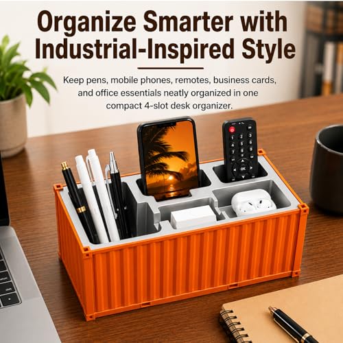 Image of FreshDcart Multi-Function Desk Organizer Shipping Container Storage Box for Pens, Business Cards, Mobile Phones, Remote Controls, Office Supplies and Study Table Brick Orange