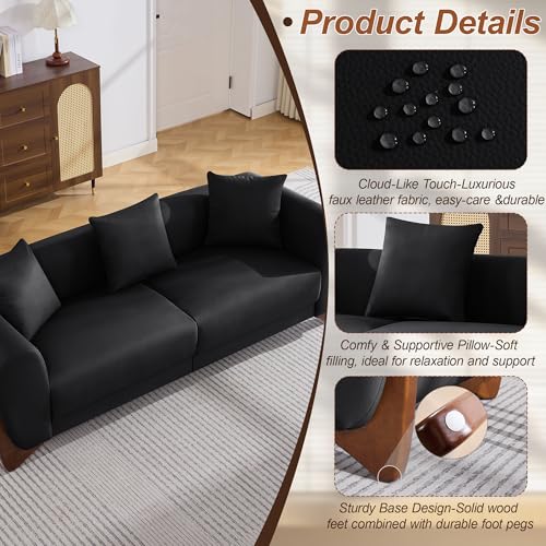 Image of 87 inch Faux Leather Cloud Couch Modern 3 Seater Sofa with Solid Wood Legs, 25 inch Extra Deep Seat, Comfy Thick Cushion Upholstered Sofa Couches with 3 Pillows for Living Room, Black