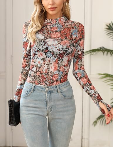 Ugerlov Womens Lace Long Sleeve Mesh Top Floral Mock Neck See Through Going Out Top with Thumb Hole Party Outfits Shirts2