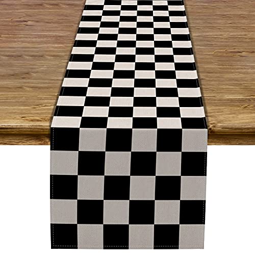 Sunwer Racing Car Table Runner Black and White Checkered Car Birthday Party Decoration Kitchen Dining Room Decor 72Inches