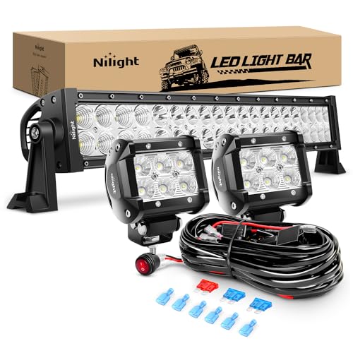 Nilight - ZH004 22Inch 120W Spot Flood Combo Led Light Bar 2PCS 4Inch 18W Flood LED Pods Fog Lights with 16AWG Wiring Harness Kit-2 Leads 2 Years Warranty