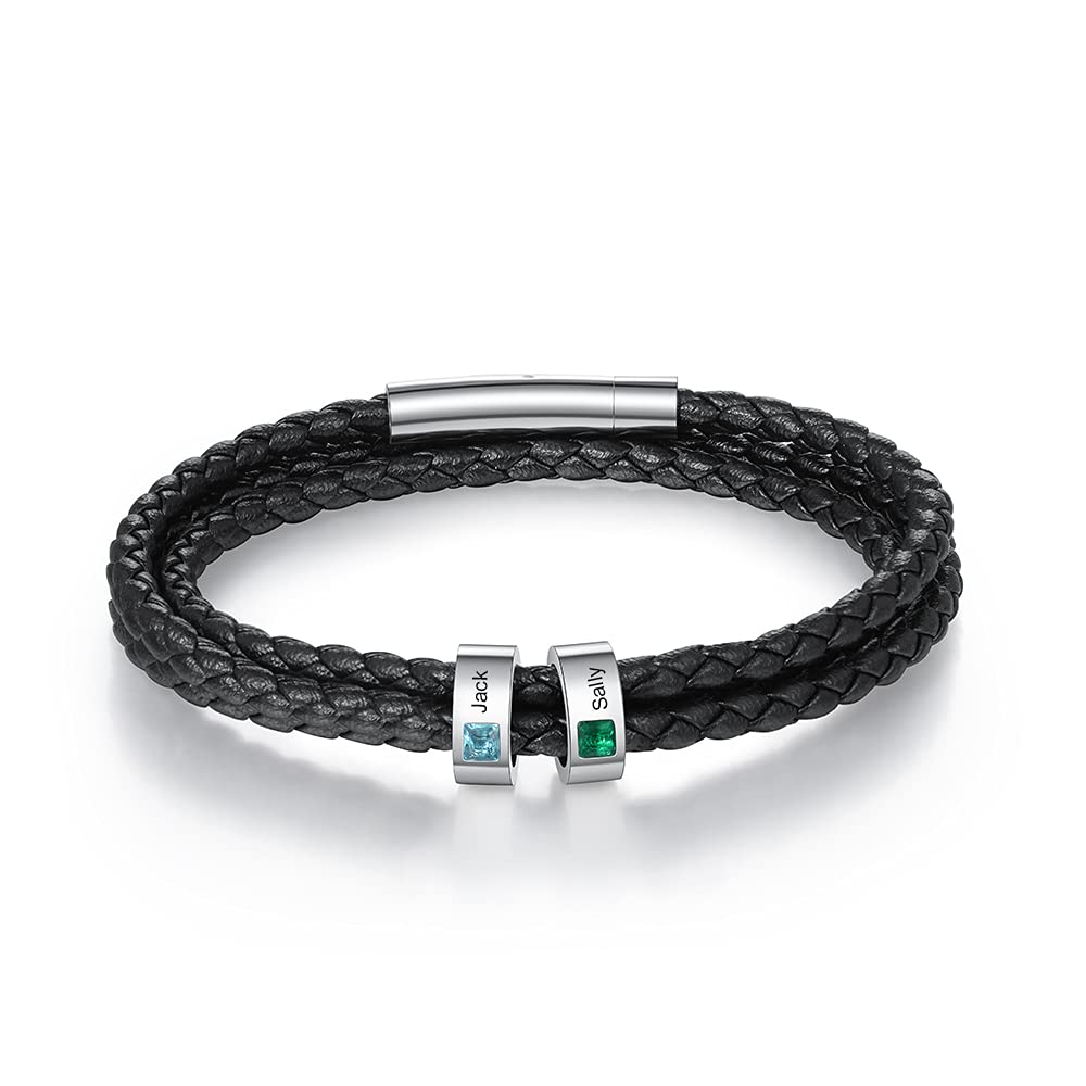 NameinheaPersonalized Mens Braid Bracelet Custom Bracelet with 1-8 Engraved Beads Family Names Jewelry Gifts for Men Father's day