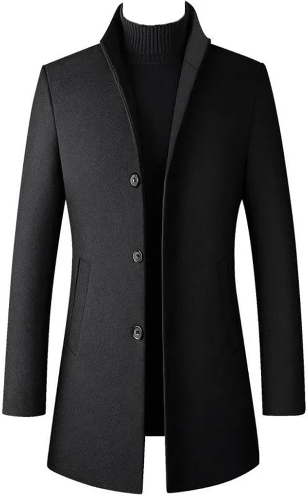 Dninmim Men's Solid Long Jackets Autumn And Winter Wool Blend Coat Business Casual Windbreaker