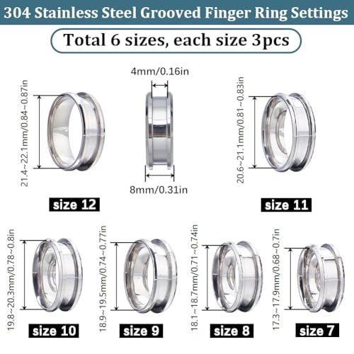 SUNNYCLUE 1 Box 18Pcs Stainless Steel Grooved Finger Ring US Size 7/8/9/10/11/12 Ring Core Blanks 8mm Wide Empty Round Grooved Inlay Blanks for Jewellery Making Kits Men Women DIY Craft Supplies - Image 2