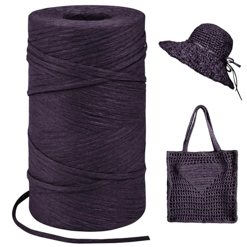 Image of Deep Purple Raffia Yarn for Crochet Bags, 3mm x 328 Yards Flat String Raffia Ribbon for Gift Wrapping, Raffia Paper Ribbon Yarn for Crocheting Sun Hat, Bag, DIY Crafts, Holiday Decoration
