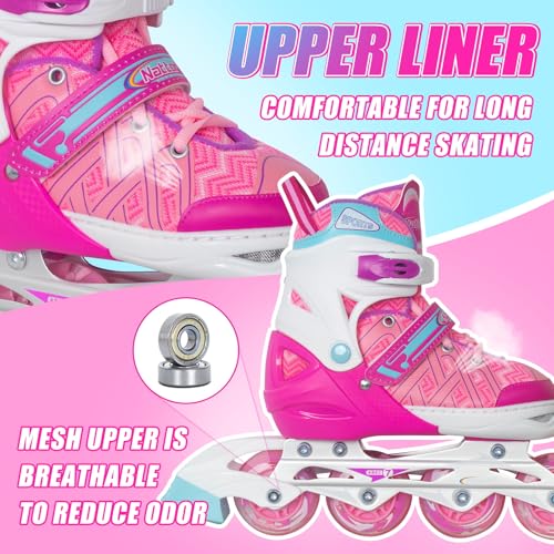 Image of Nattork Adjustable Inline Skates for Youth Big Girls - with Light up Wheels - Pink Blade Roller Skating for Beginners Size 5 6 7 8 Ages 11 12 13