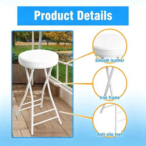 Image of Folding Bar Stool,24 Inch Tall Foldable Stool Chair,Counter Height Cushioned Leather Padded Portable Stools,Heavy Duty Collapsible Stools for Kitchen Island Garden Camping White