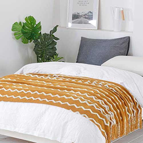 Bourina Fluffy Chenille Knitted Fringe Throw Blanket Lightweight Soft Cozy For Bed Sofa Chair Throw Blankets, Dark Gold 50" X 60" #TOP3
