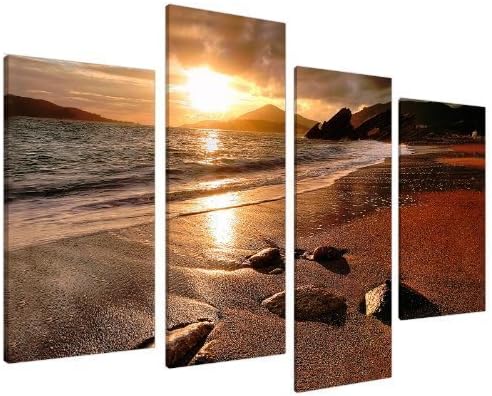 Large Golden Brown Sunset Beach Canvas Wall Art Pictures - Multi Panel Artwork - Set of 4 Landscape Prints - Split Canvases - XL - 51" Inches Wide