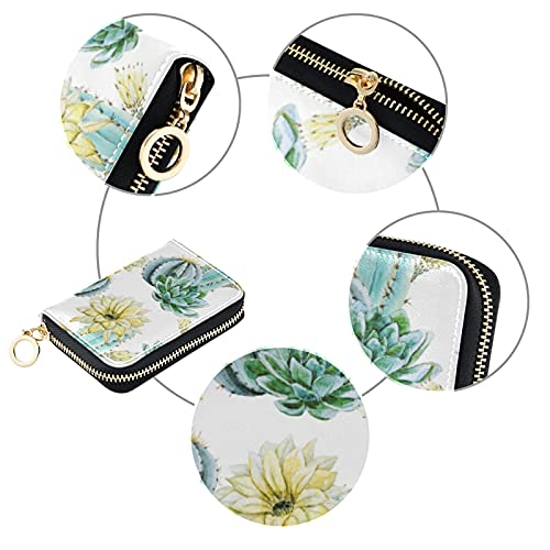 Turquoise Green Cactus Cacti Yellow Flowers on White Credit Card Coin wallet, Key Change Organizer Zipper Purse Compact Clutch Pouch Pocket, RFID Blocking Women Leather Card Holder3