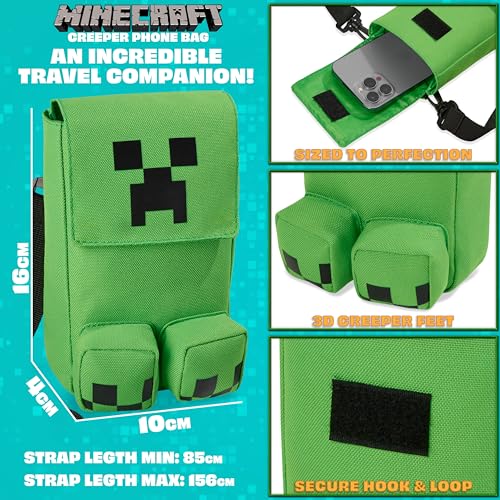 Minecraft Creeper Umhängetasche Kinder & Teens Handy Crossbody Bag, Verstellbarer Gurt, Gamer Geschenke für Jungs (Grün Creeper 2)