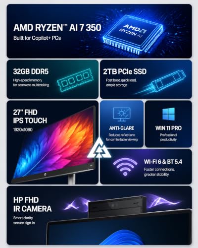 Image of HP 27 inch All in One Desktop Computer Touchscreen Copilot PC 32GB DDR5 2TB SSD | AMD Ryzen AI 7 350 | FHD IPS Display | 1080p IR Camera | WiFi 6 BT5.4 | Windows 11 Pro | Wireless KB&Mouse | Home Office PC