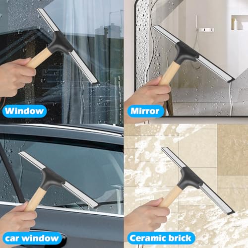 Duschabzieher,10 in(25cm) abzieher dusche glasreiniger,Wooden Handle Edelstahl Fensterabzieher für Glastür Dusche mit Halterung, Fensterwischer für Badezimmer Fenster Spiegel Autoglas (schwarz weiß)
