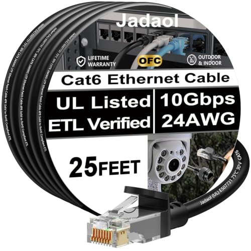 Jadaol [UL Listed] Snagless Cat6 Ethernet Cable 25 ft 10Gbps, PoE++, Black