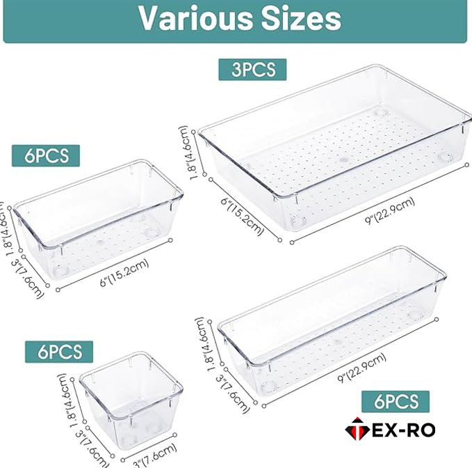Image of TEX-RO Drawer Organizer Tray - Multi-Purpose Drawers Organisers, Dressing Table Organiser & Make up Organiser -Perfect for Cosmetics, Jewelry, Kitchen and Bathroom (21 pcs, Transparent)