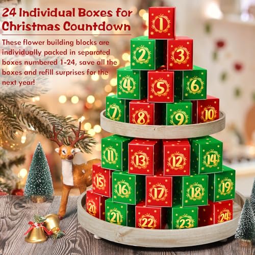 Qinline 9093,9095 Advent Calendar 2024 For Kids Adults Teens, 24 Days Stem Sunflower Bouquet Building Blocks Christmas Countdown Calendar Gifts Box With Artificial Flowers Bricks Toy Set thumb #4