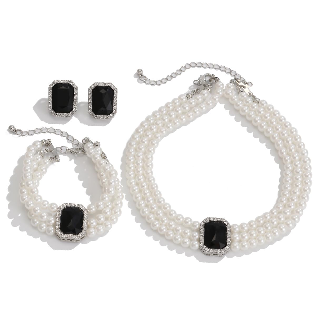 Pearls Layered Choker Necklaces Multilayer Faux Pearl Bracelet Crystal Earrings Jewelry Set 1920s Choker Necklace Bridal Wedding Party Jewelry