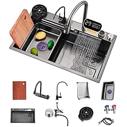 Fregadero Saltoki FIVIXIL Fregadero de cocina Fregadero de un seno con pantalla digital en cascada Con grifo extraíble, lavavasos a presión y otros accesorios Fregadero de cocina para estación de trabajo (75*46*22cm)