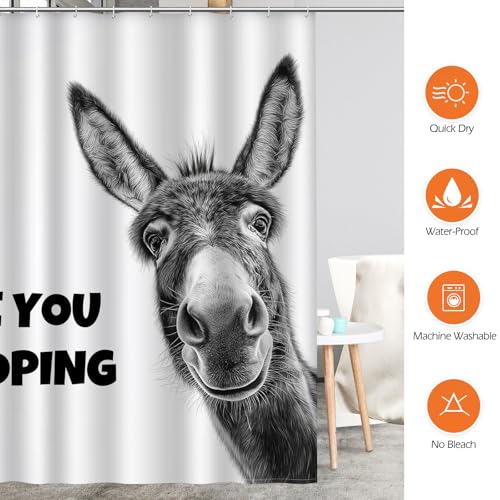 Image of Aimego Funny Donkey are You Pooping Shower Curtain Novelty Hilarious Whimsical Rustic Farmhouse Black and White Bathroom Bath Decor Bathtub Curtain Fabric Shower Curtain Set with 12 Hooks, 72 inchx72 inch