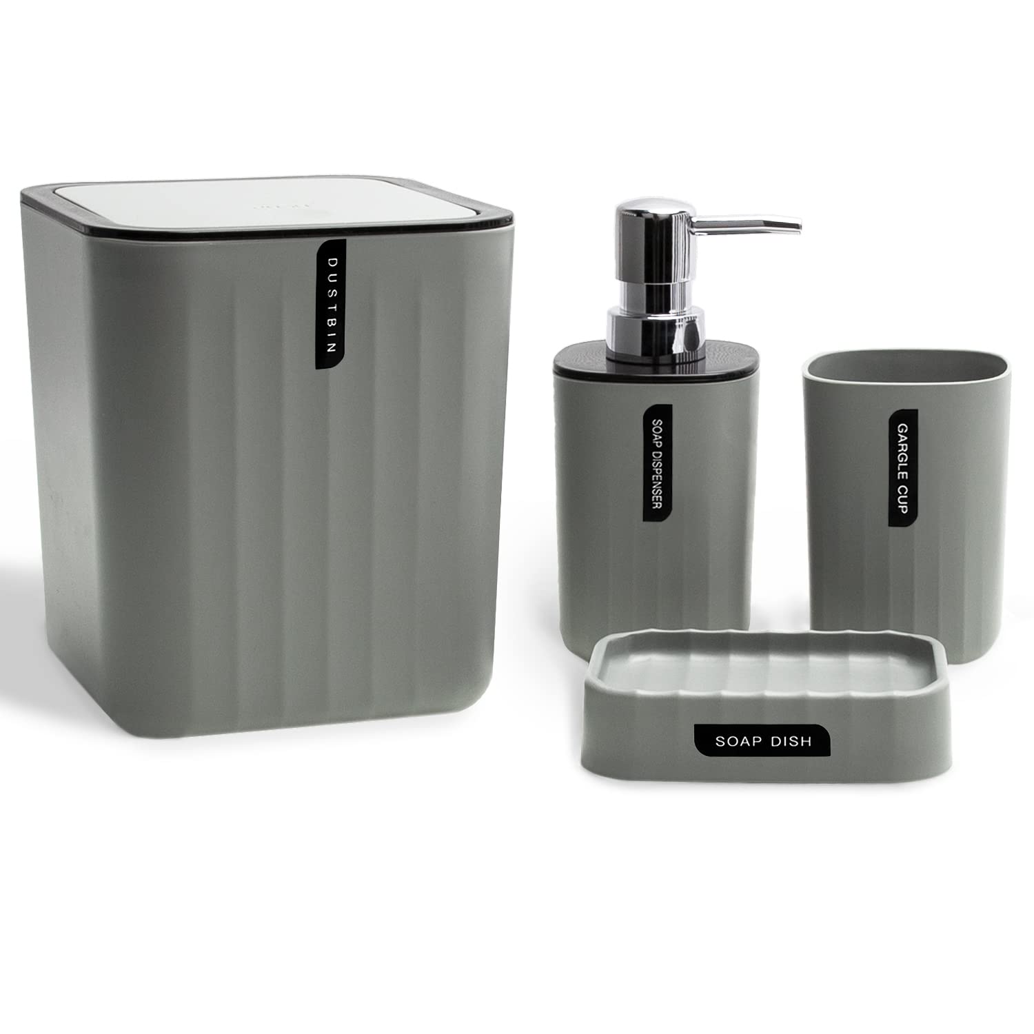 CERBIOR Bathroom Accessories Set 4 Piece Bath Ensemble Includes Trash Can, Soap Dispenser, Toothbrush Holder, Toothbrush Cup for Decorative Countertop and Housewarming Gift, Grey (BA021)
