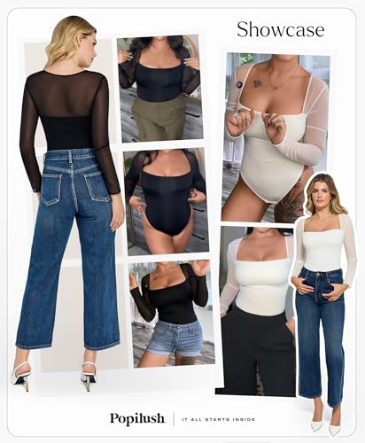 Popilush Mesh Long Sleeve Tops for Women Shapewear Bodysuit Square Neck Going Out Body Suits Fall Concert Outfits2