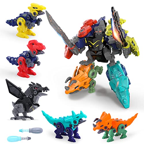 5 en 1 Juguetes de Dinosaurio para Niños, OBOVO 5 Piezas de Juguetes de Dinosaurio para Niños y Niñas de 2 3 4 años en Adelante con Destornillador y Juego de Construcción de Juguetes Combinados Cover