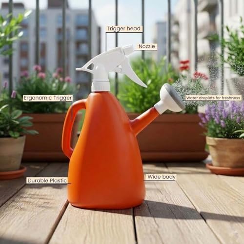 Image of Go Hooked 2in1 Plant Watering Can with Spray Bottle & Shower Head 1 Litre | Multi-Purpose Garden Water Sprayer for Indoor Plants, Balcony Garden & Nursery | Plastic Watering Pot with Handle (Orange)