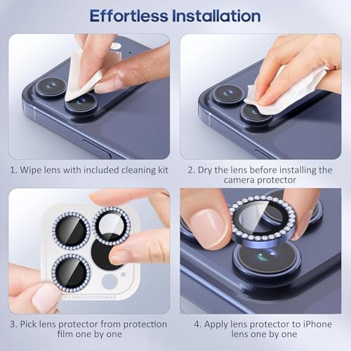 Image of for iPhone 17 Pro / 17 Pro Max Camera Lens Protector Bling, Individual Diamond Metal Ring with 9H Hardness, Scratch-Proof Camera Screen Protector, Stylish Accessories, Case Friendly (Blue)