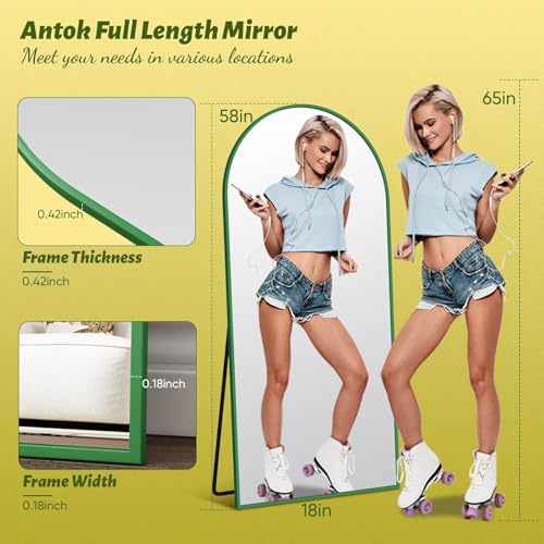 Full Length Mirror, 58"x18" Floor Mirror, Arch Floor Standing Mirrors Freestanding Arch Full Body Mirrors with Stand for Bedroom, Hanging Mounted for Living Room Cloakroom, Green