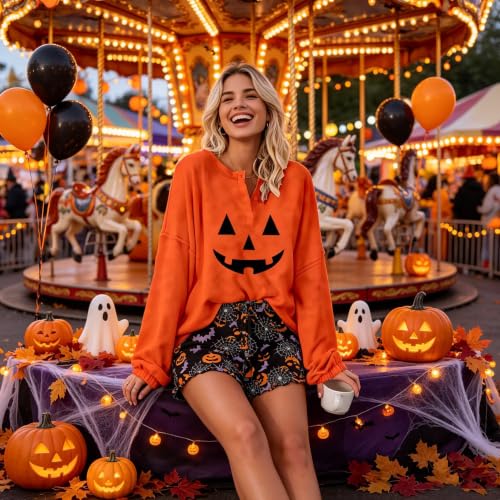 Image of Roshop Halloween Pajama Women's Pumpkin Matching Top & Shorts Loungewear Set