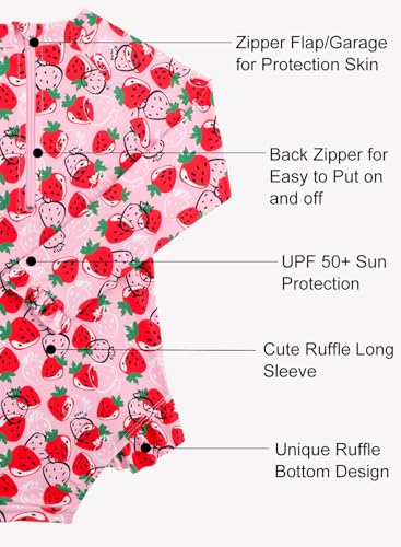 Image of Baby Toddler Girl Long Sleeve Ruffle Swimsuit One Piece Zipper Rash Guard Bathing Suit with UPF 50+ Sun Protection