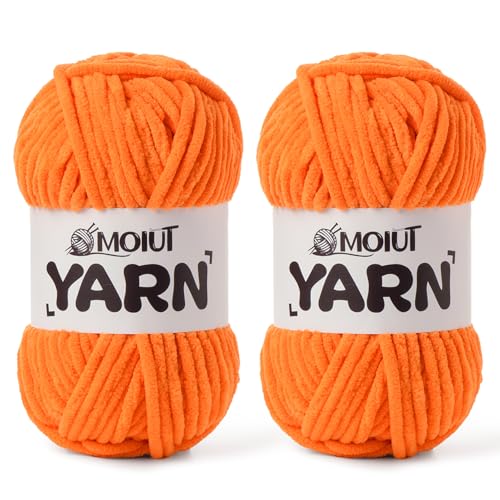 Image of 2 Pack Fluffy Chenille Yarn for Crocheting, Chunky Velvet Yarns for Crochet Amigurumi, Baby Yarn for Crocheting Soft Blanket, 174.9yds /7 oz Bulky Yarns for Crafts /Hats /Shoes /Socks (2 Orange)