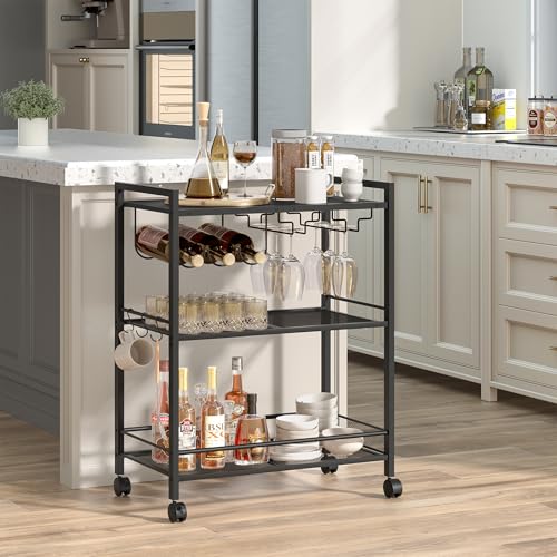 Image of Joaxswe Bar Cart,3-Tier Home Bar Serving Cart with Lockable Wheels,Black