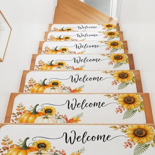 Welcome Sign Autumn Sunflower Stair Treads Non Slip Carpet,Pumpkin Cluster Indoor...