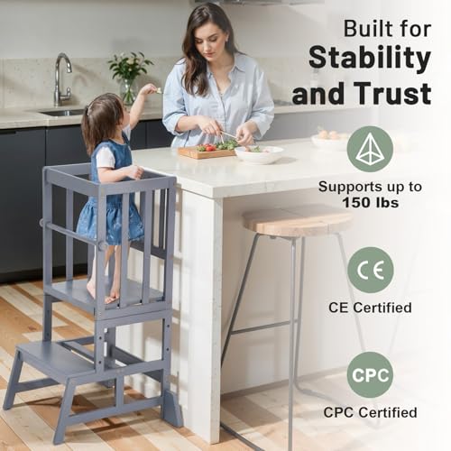 Image of COSYLAND Toddler Standing Tower - Adjustable Height Toddler Kitchen Stool Helper - Kids Kitchen Step Stool for Learning with Removable Safety Railing Ash Gray