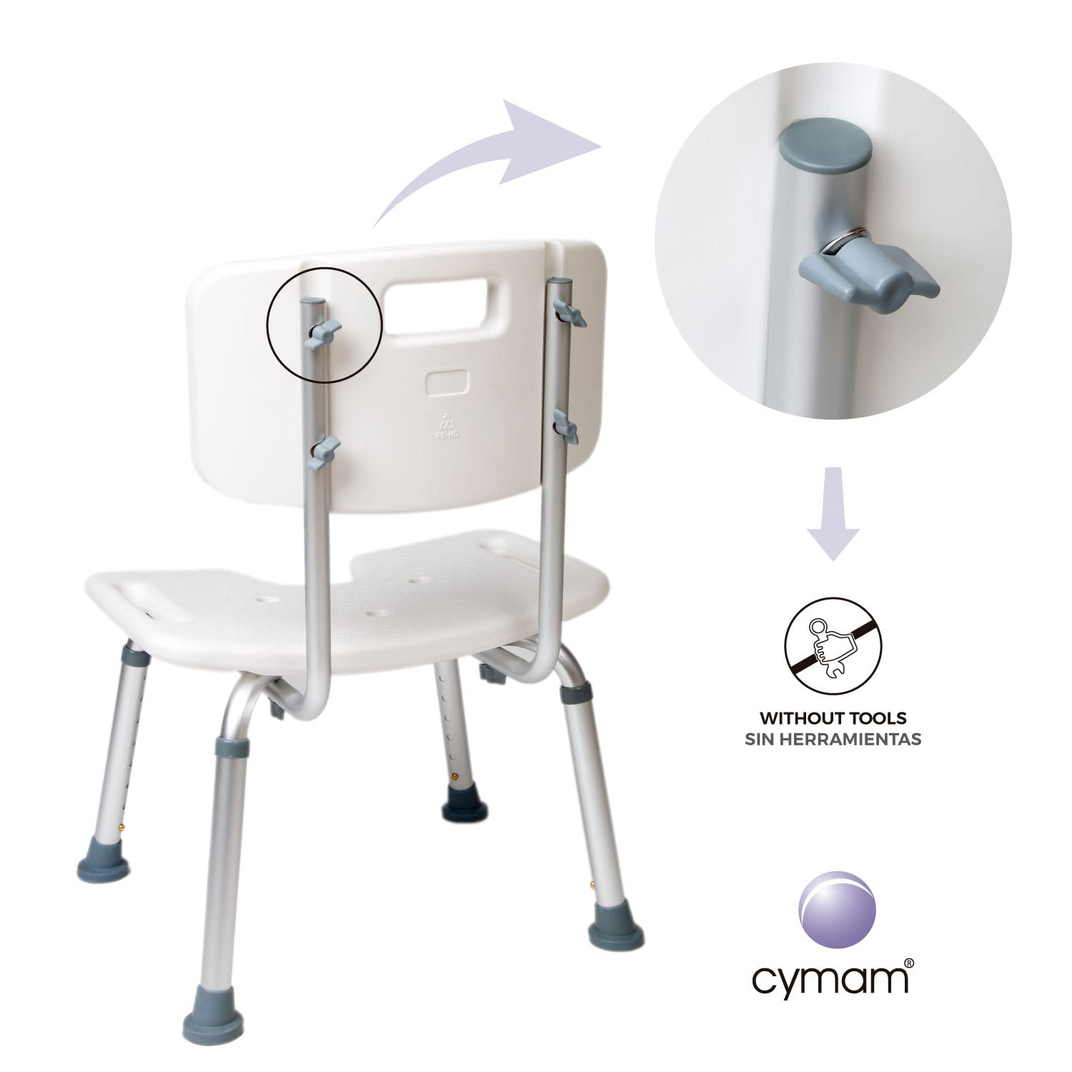 Silla de Baño con Respaldo, Asiento en U y Altura Regulable | Antideslizante, desagües integrados, ajuste en 8 niveles, montaje sin herramientas, para personas mayores