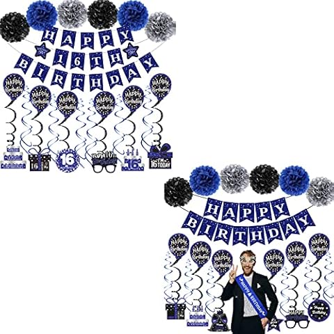 Birthday Decorations Blue Black, Happy Birthday Party Decorations for Men Women Boys Girl 16th Cover