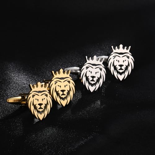 Mancuernillas con cabeza de león tono dorado de acero inoxidable miniatura 5