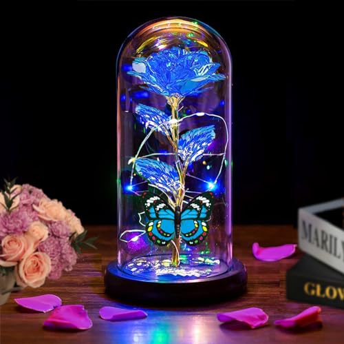 Image of Mothers Day Roses Flowers Gifts for Mom Women Wife,Mother Day Rose Gifts for Mom Women,Light Up Rose in A Glass Dome Butterfly Birthday Presents Wife Grandma from Daughter Blue