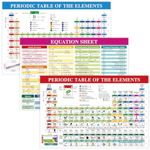 3Pcs Periodic Table Of Elements Chart Chemistry Posters for High School College Equation Sheet Poster Educational Science Chemistry Reference Study Guide for Classroom Bulletin Board Home Wall Decor