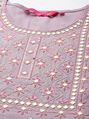 Image of anubhutee Women's Maxi Cotton Lavender Mirror Work Embroidered A-Line Indo Western Dress